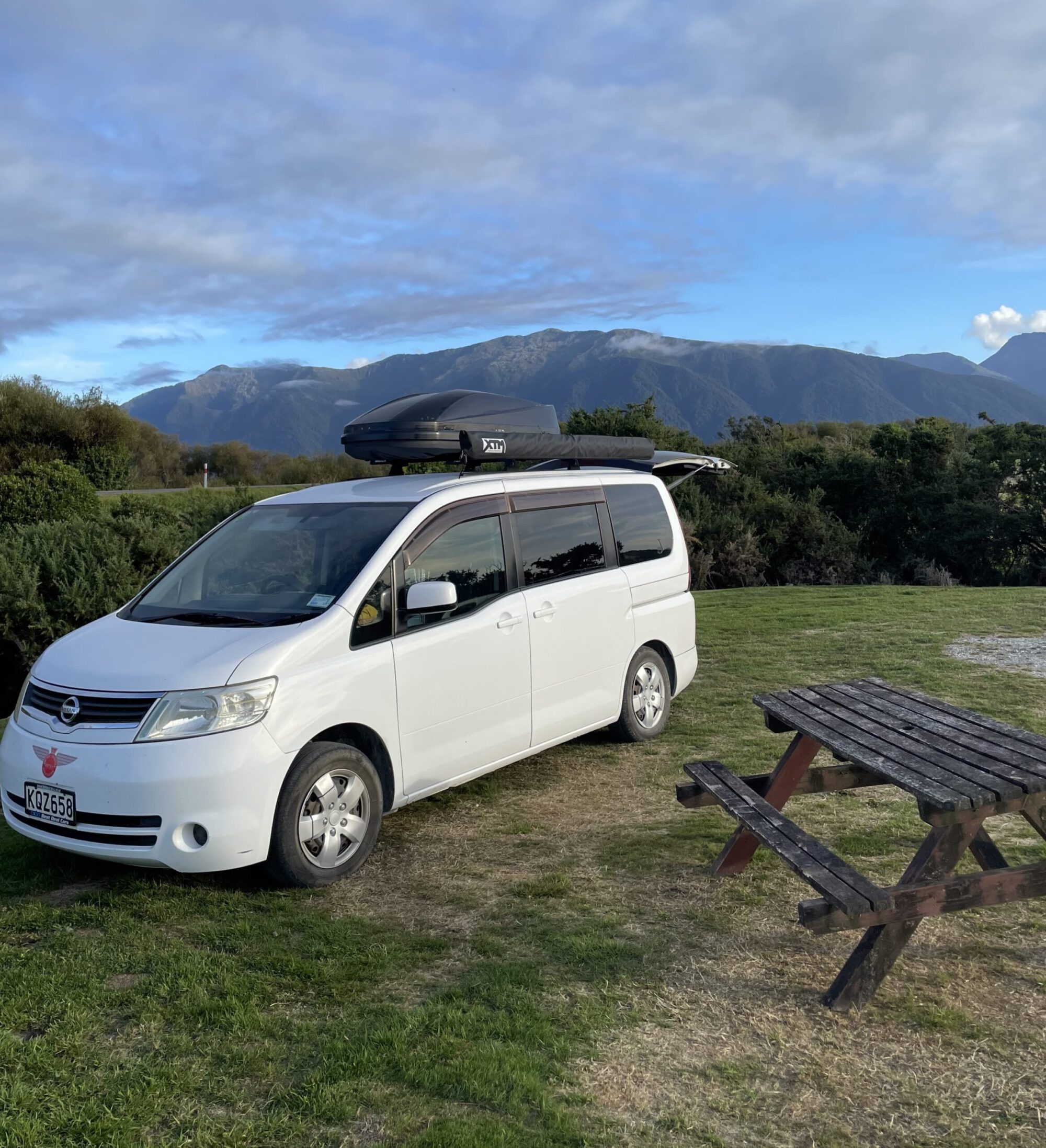 Campervan parked at a campground in New Zealand