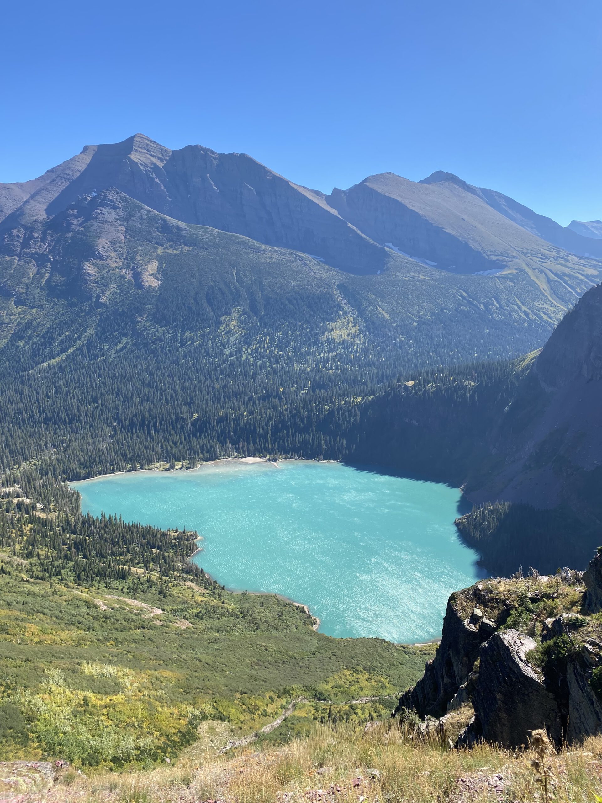 View of Grinnell Lake while on the Grinnell Glacier trail 