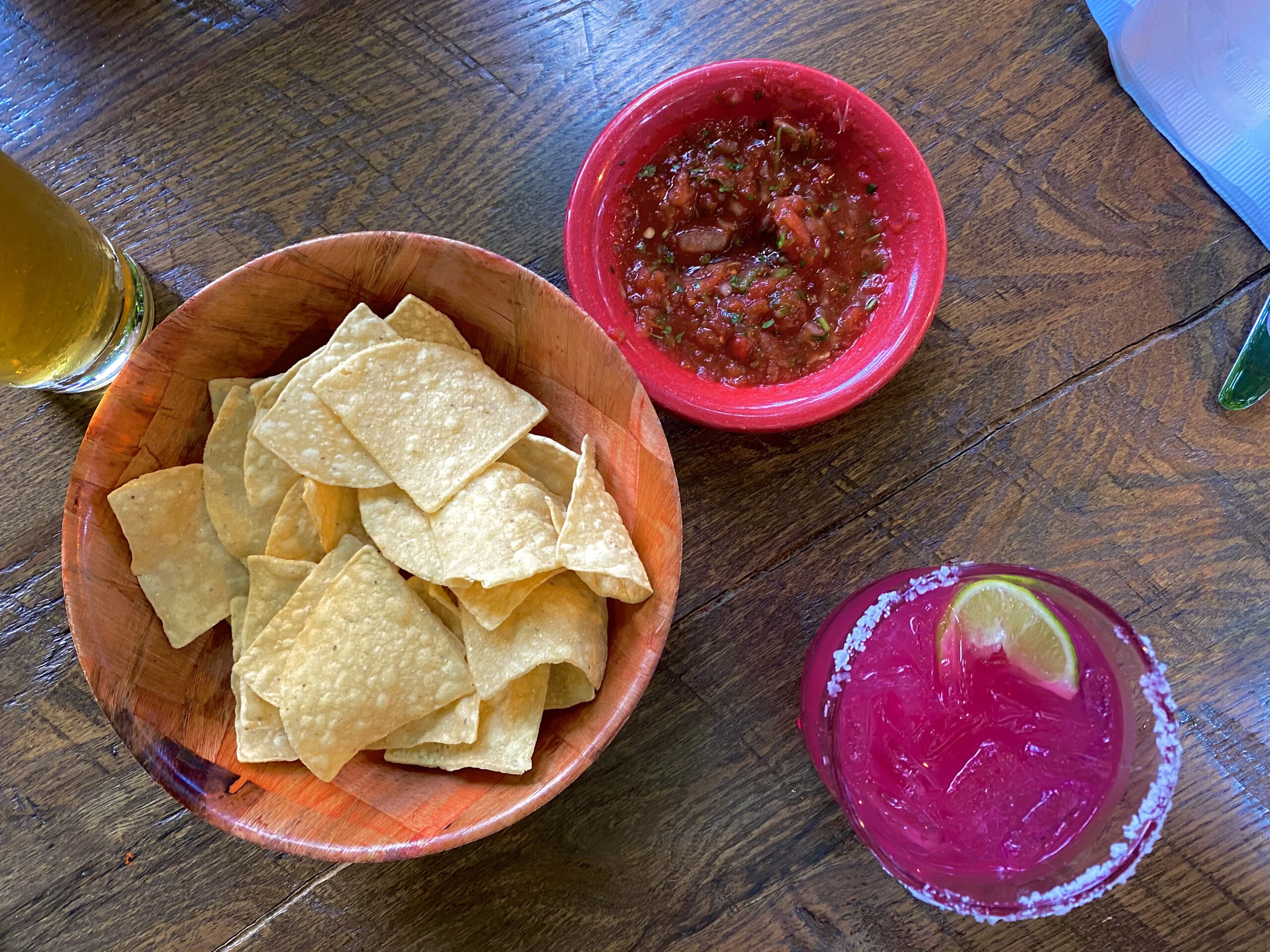 Prickly pear margarita and chips and salsa at the Bit and Spur Saloon in Springdale Utah